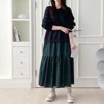 제이앤지니 OP-446 기모밀크 체크 배색 빅사이즈 롱 원피스