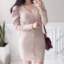 [랜덤플레이] 슬림핏 버튼 어깨 퍼프 골지 미니 원피스