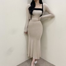 VANANA2 국내제작 데일리 배색 캐주얼 가디건 나시 탑 롱 원피스 쓰리피스 세트