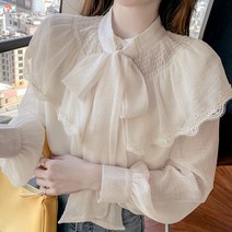 퐁순싸롱 보헤미안 리본 레이스 프릴 쉬폰 퍼프 블라우스 YJ