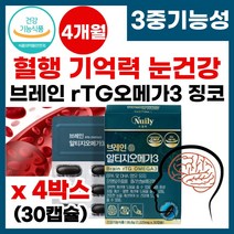 혈행 혈관 뇌 기억력 징코 플러스 오메가스리 혈관영양제 기억력 집중력 저하 부족 혈관청소에 좋은 알티지 rTG 오메가 쓰리 건조한 눈 혈관청소 영양제 먹기편한 rtg 오메가3 추천, 4박스, 30캡슐