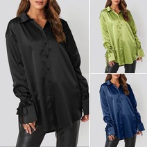 여성 긴 소매 셔츠 새틴 실크 턴 다운 칼라 우아한 캐주얼 루즈 블라우스