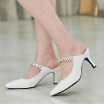 여성 국산 패브릭 스틸레토 큐빅장식 스트랩 밴드 뮬 블로퍼 7cm 하이힐 슬리퍼