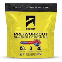 Ascent Pre Workout Powder - 남성 및 여성을 위한 운동 전 - 카페인 150g 및 전해질 250g 함유 청정 에너지 인공 성분 또는 향료 없음 - 블루베리, 블루베리 라즈베리