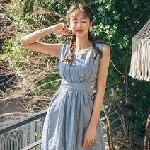 헤링본 스트라이프 린넨 비치원피스 롱 미디 여름 민소매 나시 데일리 바캉스 휴양지룩 HC402