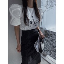 진주 레터링 포인트 퍼프소매 여름 반팔 티셔츠 (2color)