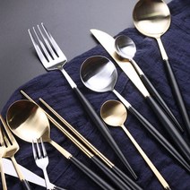 [국내생산] 네프네 커트러리 열탕소독 가능 신혼부부 가족 수저세트 숟가락 젓가락 양식기 티포크 티스푼 거품기, 블랙-실버