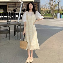 스타일아유 여름 여성 러블리 라운드넥 퍼프 소매 반팔 플라워 롱 투피스 원피스 코디 휴가룩 데이트룩