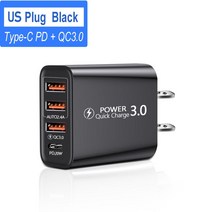 휴대폰 충전기 USB c타입 급속 충전기 60W 3.0 휴대폰 4 포트 벽 고속 충전 PD 충전기 어댑터 아이폰 13 12 프로 맥스 삼성 샤오미용, 03 Black US