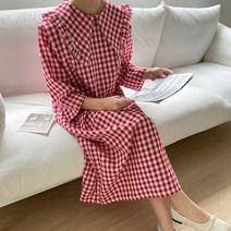 퍼니걸스 6205 루즈핏 배색 체크 카라 롱 여성 원피스 여성의류