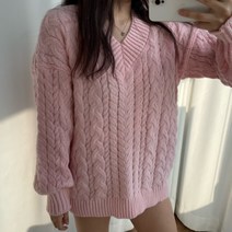 [ 걸스힙 ][ ] 비비드 파스텔 루즈핏 박시한 꽈배기 브이넥 오버핏 손뜨개 니트