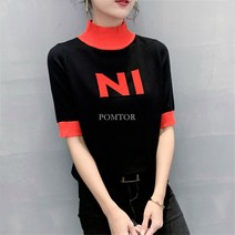 POMTOR 여성 슬림핏 반폴라 반소매 니트 티셔츠 T0206066+덧신증정