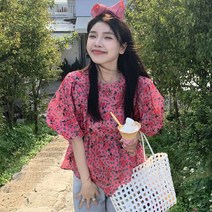 포린박스 예쁜 장미 플라워 핑크 퍼프 반팔 셔츠 블라우스 SH