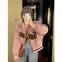 여성야구점퍼 자른 재킷 히피 패션 빈티지 편지 지퍼 업 코트 여자 자켓