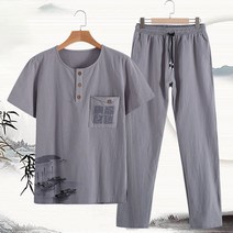 여름 남성 린넨 세트 반팔 티셔츠 캐주얼 린넨 세트 남자 개량복장