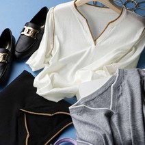 kirahosi 여름 여성 배색 금사 브이넥 풀오버 퍼프 반팔 니트