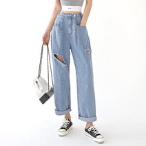 [바보사랑] 여자 맘진 빈티지 밴딩 와이드 배기 보이핏 청바지