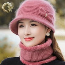 비바브 중년 여성 엄마 할머니 털모자 + 브로치세트