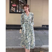 TANC 여성 원피스 가을 쉬폰 긴팔 레이스 프라워 023
