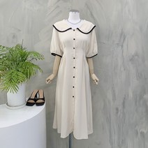 [행복여] 요플레 배색 띠 둥근 세라 카라 플레어 원피스