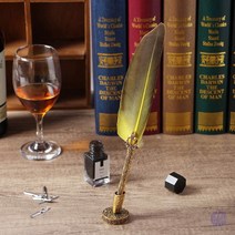 퀼 구스 깃털 만년필 세트 다크옐로우 캘리그라피깃털펜 만년필세트 만년필판촉물 캘리그라피