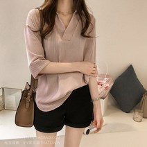 러블로어 여성 체프 스트라이프 7부 카라 오버핏 블라우스