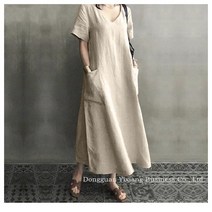 루비샵 M~5XL 빅사이즈 포켓 심플 린넨 반팔 롱 원피스