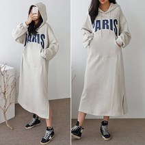 3단 쭈리 면 루즈핏 PARIS 레터링 후드 롱 원피스