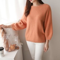 홀가먼트 퍼프 벌룬 소매 라운드넥 라쿤 폭스 니트