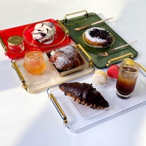 홈카페 투명 아크릴 손잡이 사각 쟁반 감성 카페 디저트 골드 인테리어 트레이, 그레이