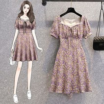 자주색 플라워 쉬폰 플로럴 원피스빈티지 벌룬 소매 2022년봄여름 프렌치 스퀘어 칼라 허리띠빅사이즈원피스