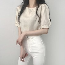 리리의감각 여성 린넨 퍼프 소매 여름 하객룩 라운드 반팔 블라우스