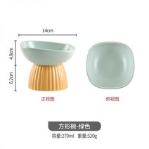 댕댕냥냥 수직 패턴의 세라믹 고양이 그릇 높은 발 및 경추 보호를 위한 기울어진 개구부 검은 턱 방지 개 음식 노크 방지 애완 동물 그릇674775733506, 사각 그릇 - 녹색_세라믹 그릇 + 실리콘 스푼