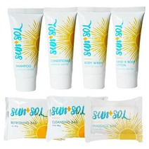 World Amenities Sun + Sol 미니 여행용 사이즈 세면도구 욕실 키트 | 따뜻한 코코넛 & 바닐라 샴푸 컨디셔너 바디 워시 로션 클렌징 바 상쾌한 비누 바