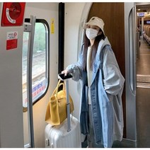 Momolatti 여성용 배색 오버핏 후드 데님 롱자켓