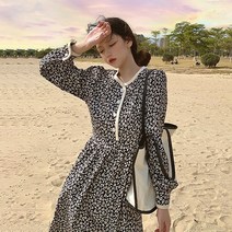 아이엠몽 여성 플라워 패턴 단추 포인트 롱 허리라인 원피스 뮬린
