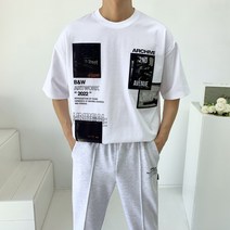 남자 유니크한 전판 전사 프린팅 패치 여름 스트릿 오버핏 옆트임 라운드 반팔 티셔츠