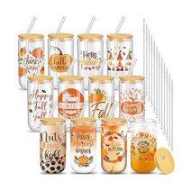 Umigy 12팩 호박 음료 잔 벌크 가을 유리 머그 아이스 커피 컵 대나무 뚜껑 빨대 포함 가을 473 2ml(16온스) 가을 텀블러 추수감사절 할로윈용