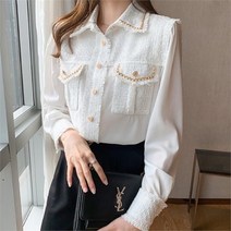 여자 금장버튼 믹스 사슬 시폰 금색 셔츠
