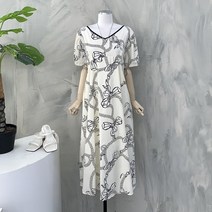 [행복여] 로프 리본 나염 브이넥 벌룬 소매 플레어 원피스