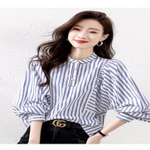 LS00400 노카라 줄무늬 풍성소매 셔츠 블라우스