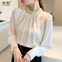 프렌치 스탠드 칼라 셔츠 비즈 쉬폰 블라우스