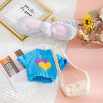 DIY 스타일리쉬인형옷의류 후드세트 오리/강아지/곰돌이인형 적용30cm, 회색 토끼 헤어 벨트 블루 더블 하트 스웨터 흰색 가방, 맞는 30cm 히알루 론산 오리