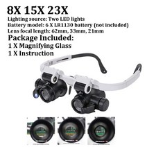 루페 루뻬2LED 헤드 마운트 돋보기 3X 4X 5X 6X 7X 8X 9X 10X 머리띠 라이팅 현미경 3 조명 루페, 01 8X 15X 23X 2LED