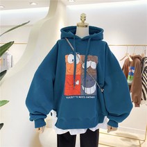 HAI PAI 기모후드티 박시후드티 빅사이즈 루즈핏 레이어드 두꺼운 캐릭터 기모 후드 프린팅 긴팔 맨투맨 후드티