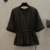 여성 여름 브이넥 가오리 허리 셔링 셔츠 블라우스