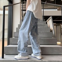 코쿤 복고 남자통청바지 여름용 셀비지데님 연 진 생지 와이드 일자 밴딩 데님 찢청 남자 9부 청바지