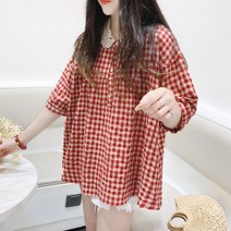 스타일아유 체크 코튼 린넨 자수 펀칭 레이스 카라 브이넥 셔링 퍼프 소녀감성 블라우스