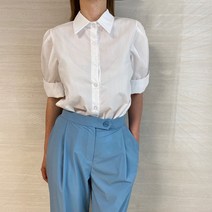 어깨 셔링 반팔 카라 셔츠 실키한 블라우스