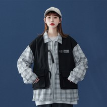 가을 체크 배색 카라 루즈핏 긴팔 밑단 집업 점퍼 코트 청춘 중성